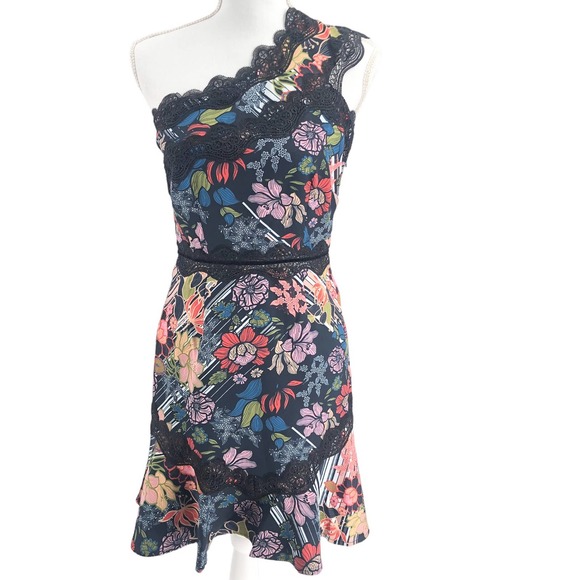 Foxiedox NEW Womens Size 4 Retro Flowers One-Shoulder Party Mini Dress - Picture 2 of 10